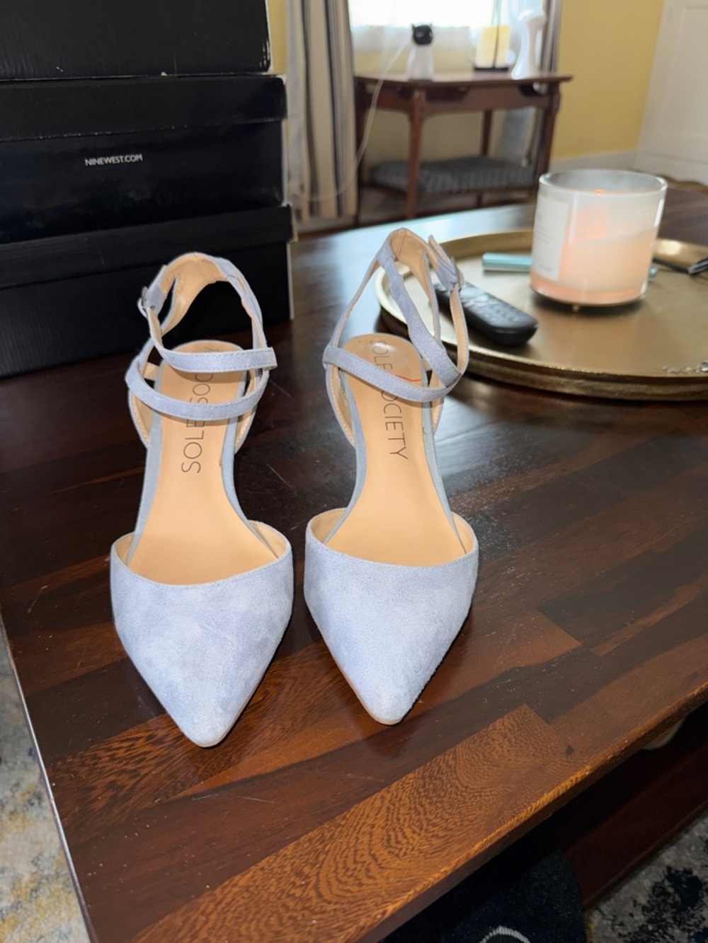 Sole Society Light Blue Suede Pointed-Toe Ankle-Strap Heels